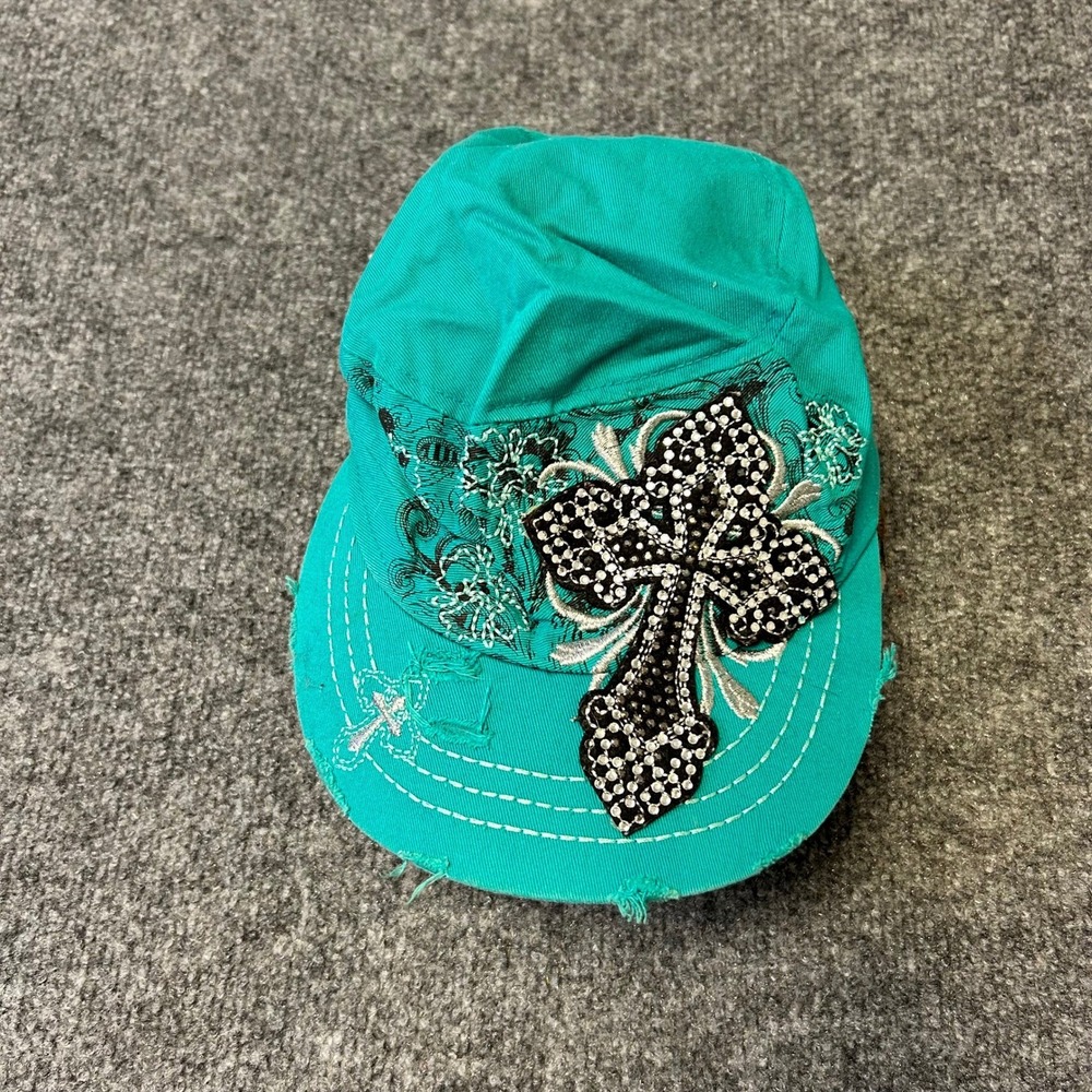 Leader Cadet Hat Womens OSFA Teal Rhinestone Cross Distressed Cotton Y2K Cap